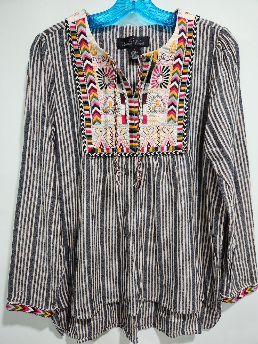 Brandon Thomas Black & Cream Striped Tunic with Colorful Embroidered Yoke